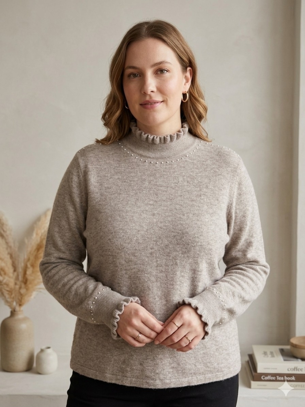 Dolcezza Taupe Knit Mock Neck Sweater Pearl Trim XL
